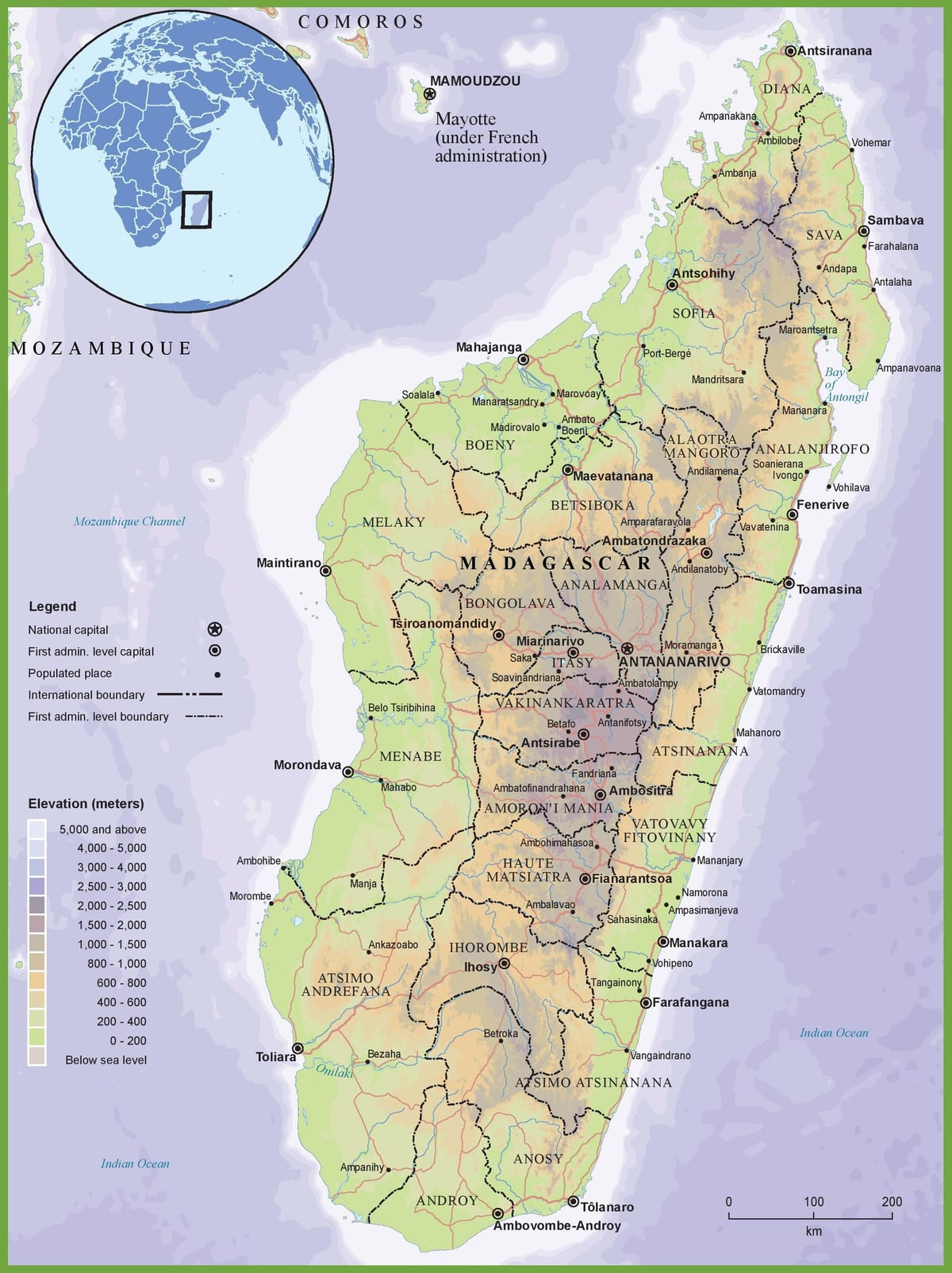 harta fizică, harta de Madagascar