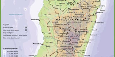 Harta fizică, harta de Madagascar